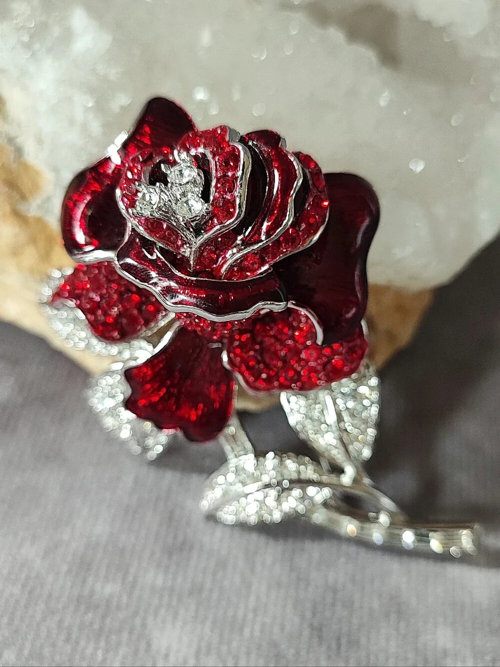 Nolan Miller Nancy Reagan Red Rose Flower Enameled Brooch Vintage Silver Tone